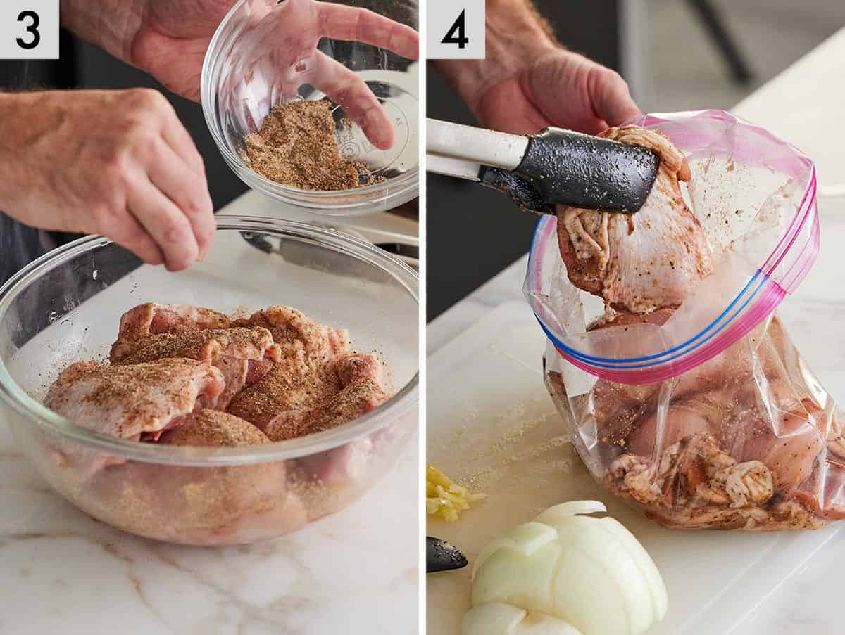 Set of two photos showing chicken seasoned and added to a bag.