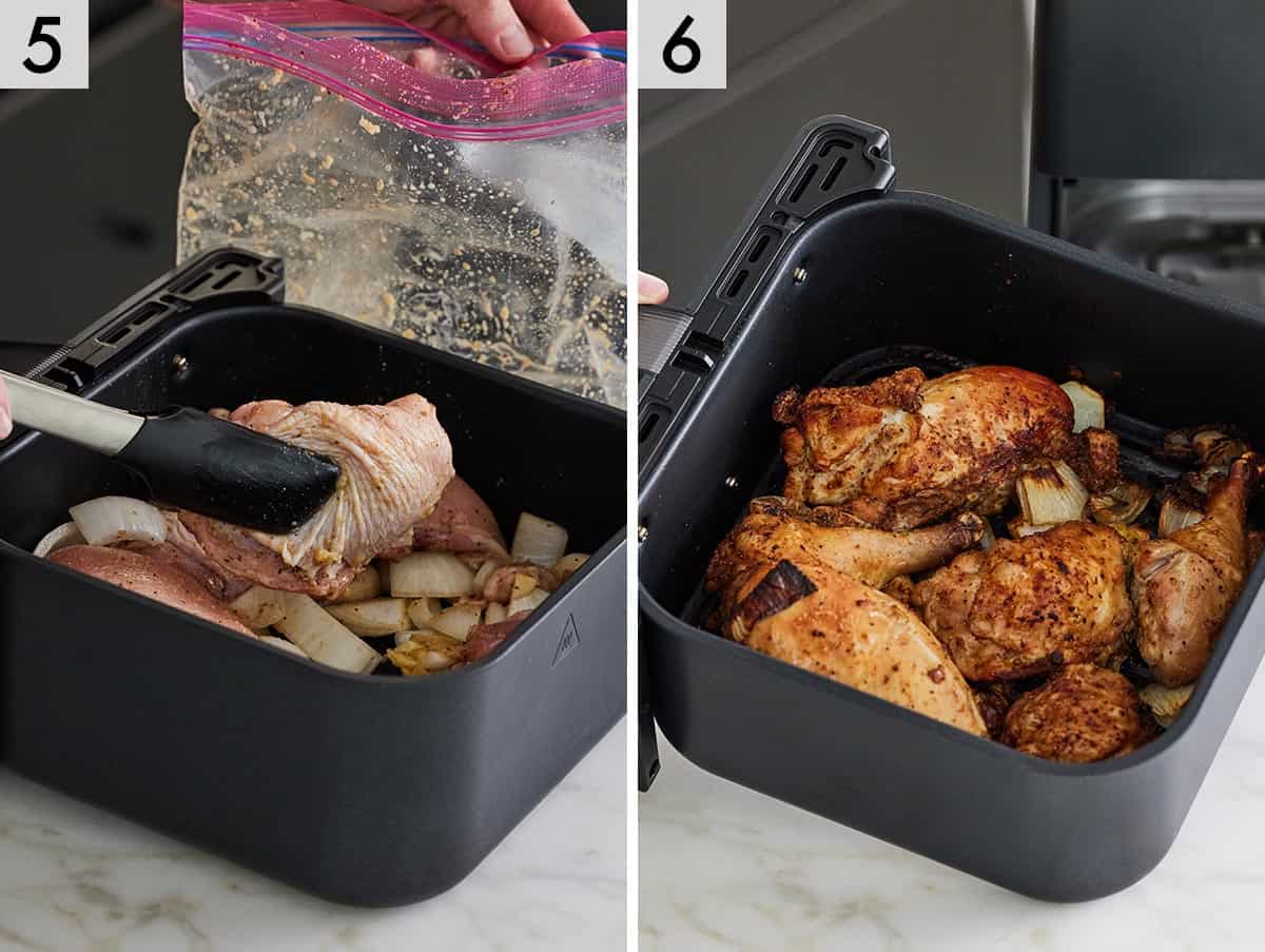 Set of two photos showing the ingredients added to the air fryer and air fried.