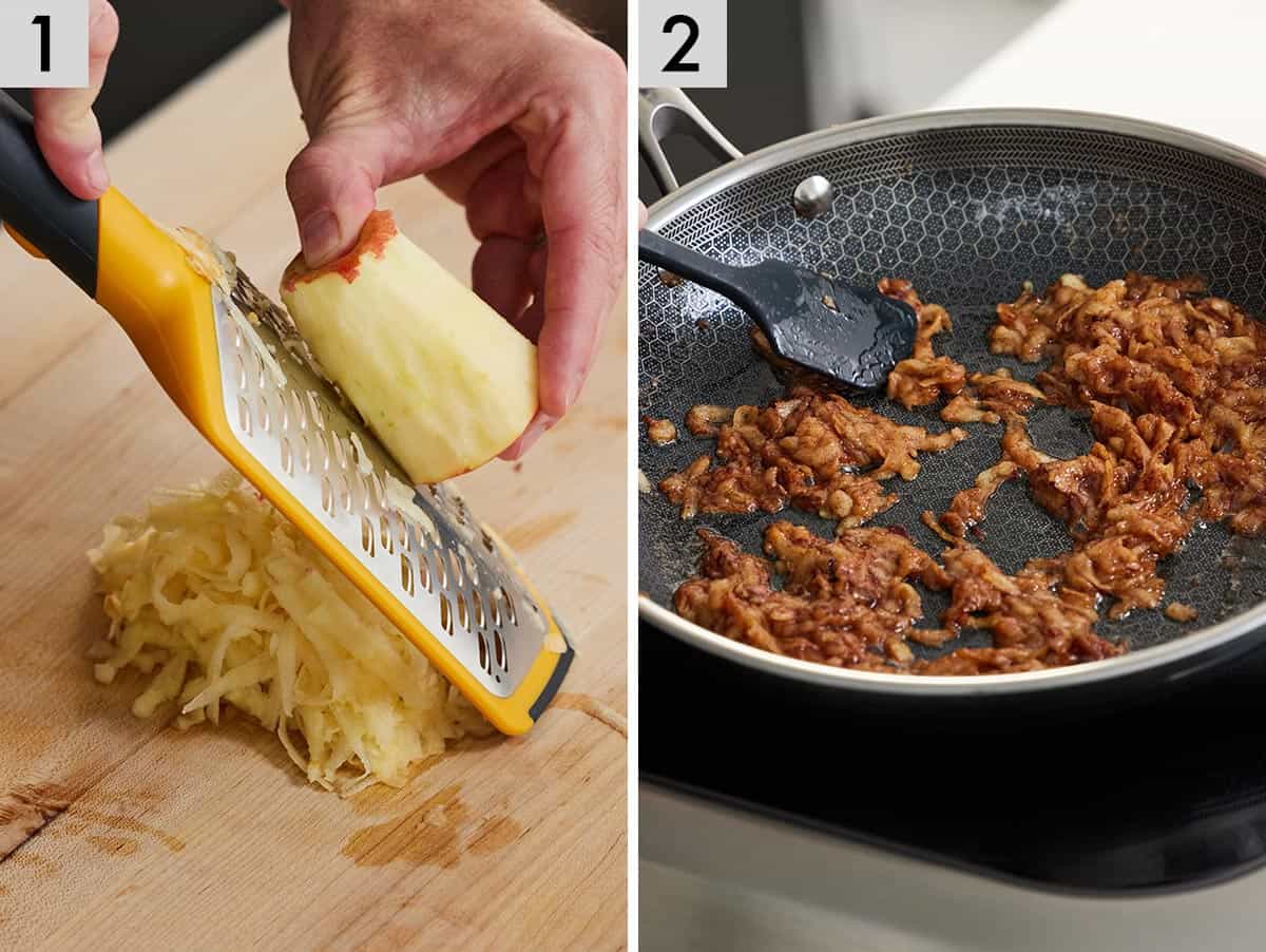 Set of two photos showing apples grated and cooked in a skillet.