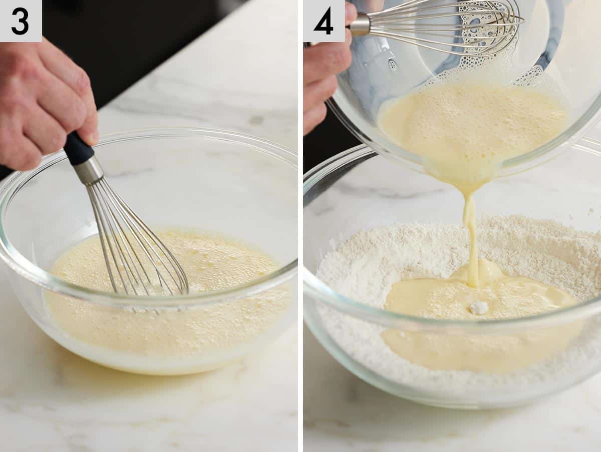 Set of two photos showing wet ingredients mixed and poured into dry ingredients.