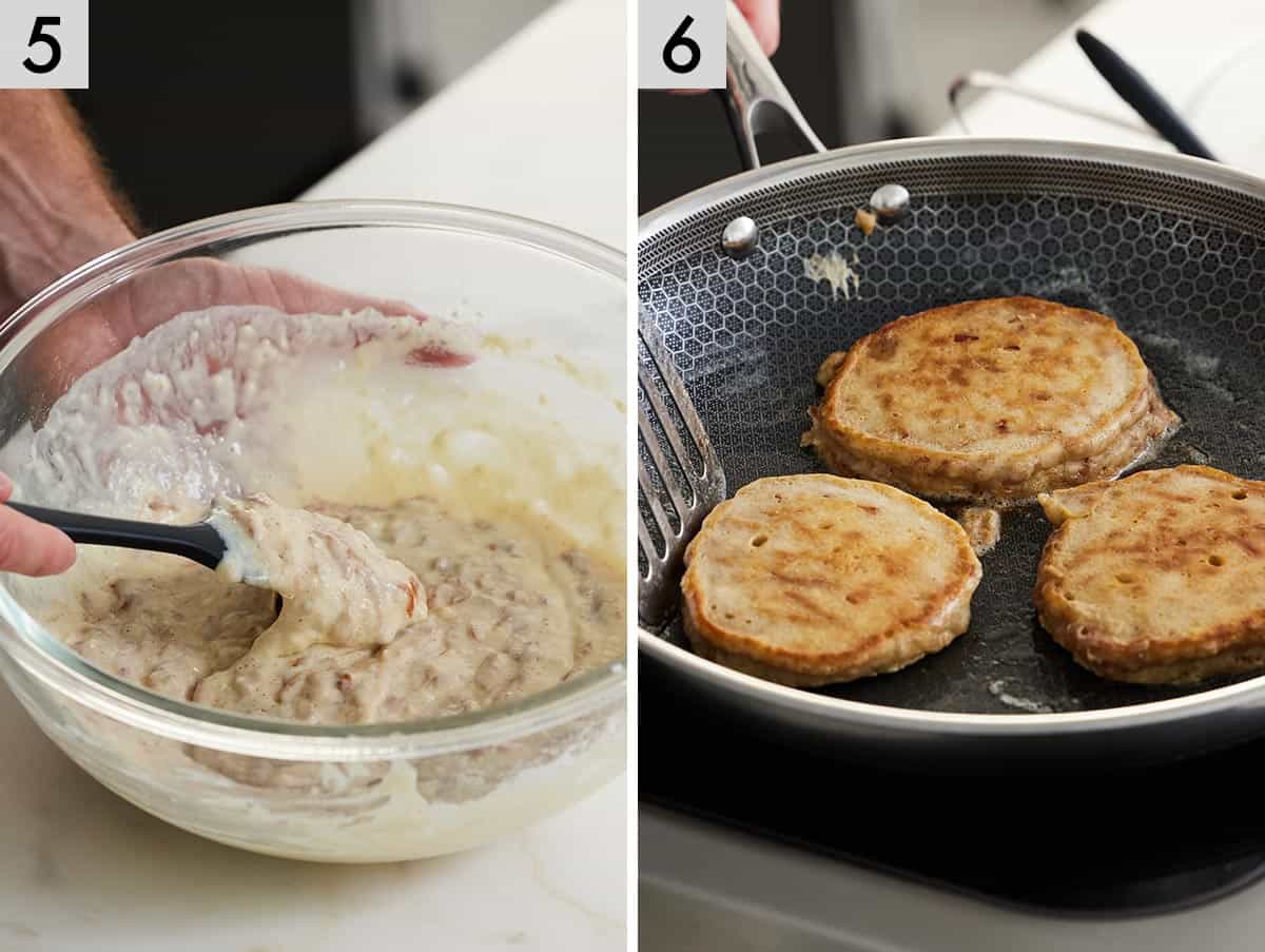 Set of two photos showing batter mixed and pancakes cooked in a skillet.