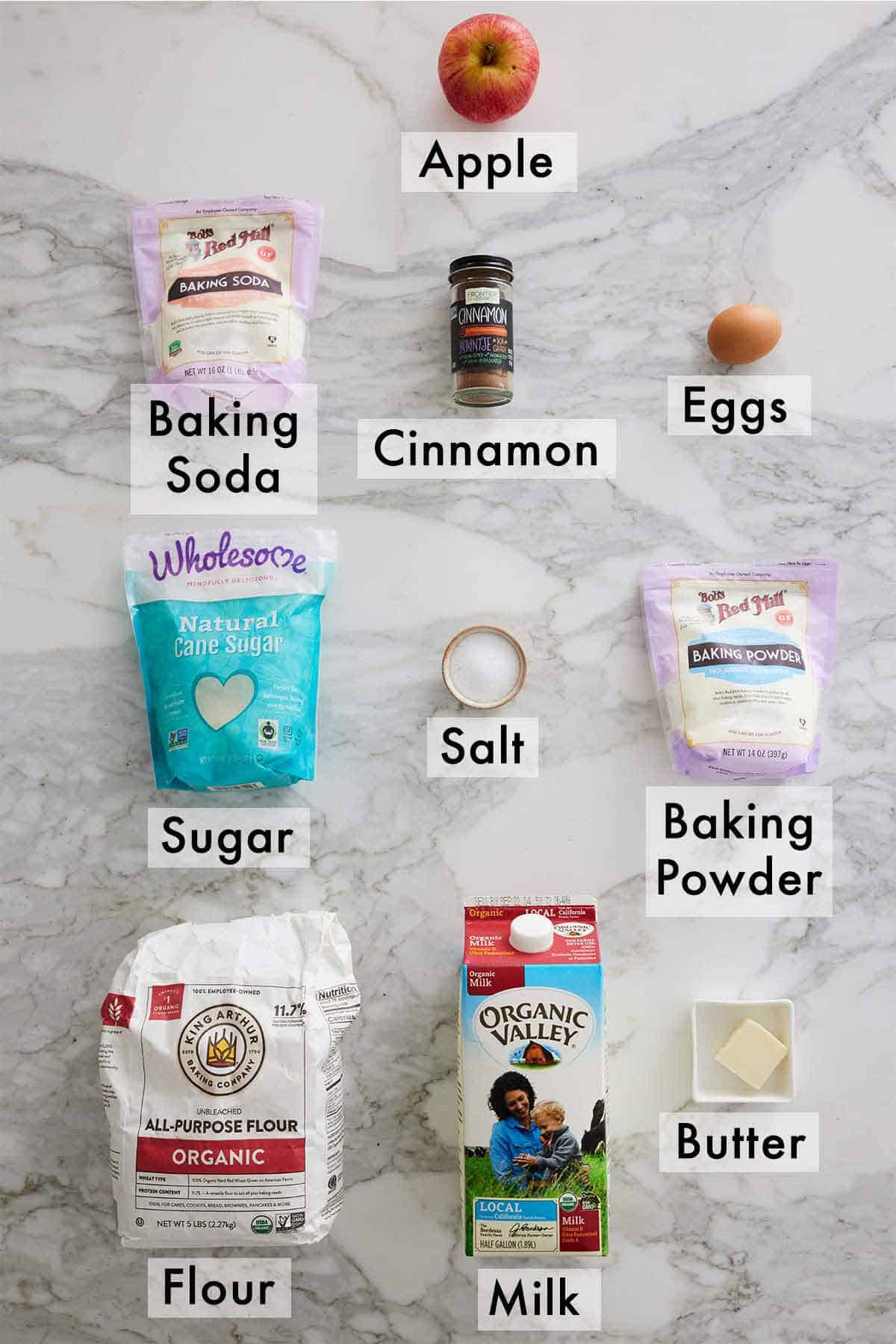 Ingredients needed to make apple pancakes.