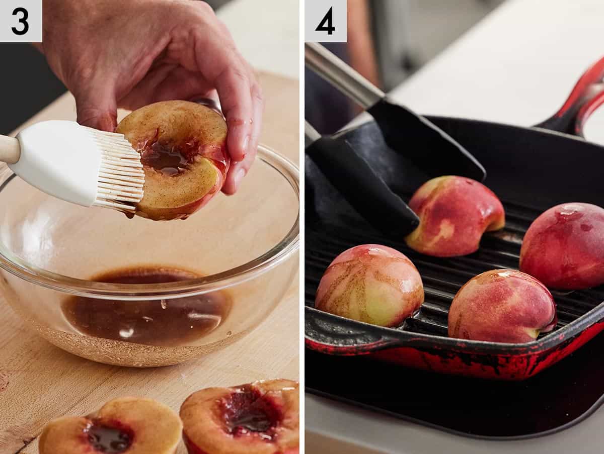 Set of two photos showing the sauce brushed onto the cut fruit then grilled on a grill pan.
