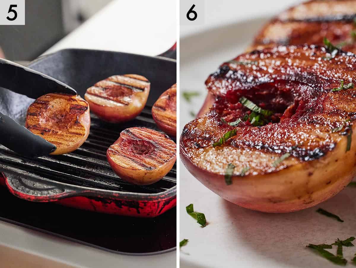 Set of two photos showing the grilled peaches flipped and a close view of the finished peaches.