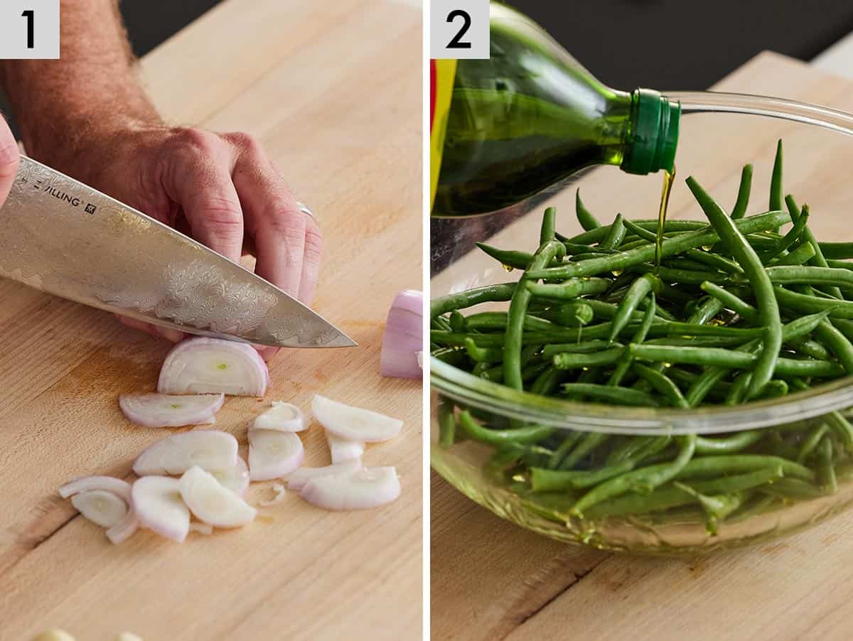 Set of two photos showing shallots sliced and oil poured over green beans.
