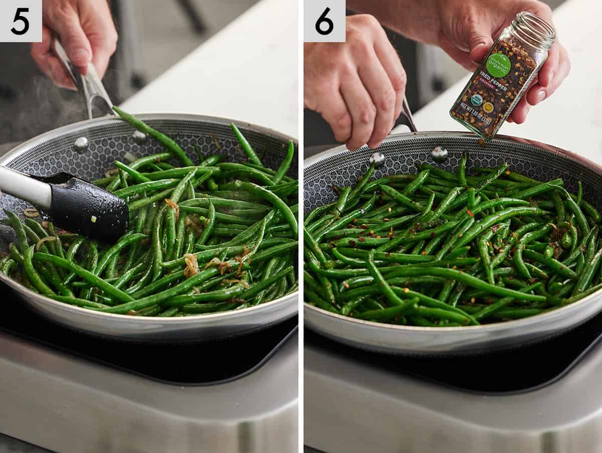 Set of two photos showing the vegetables cooked in a skillet and tossed with chili pepper flakes.