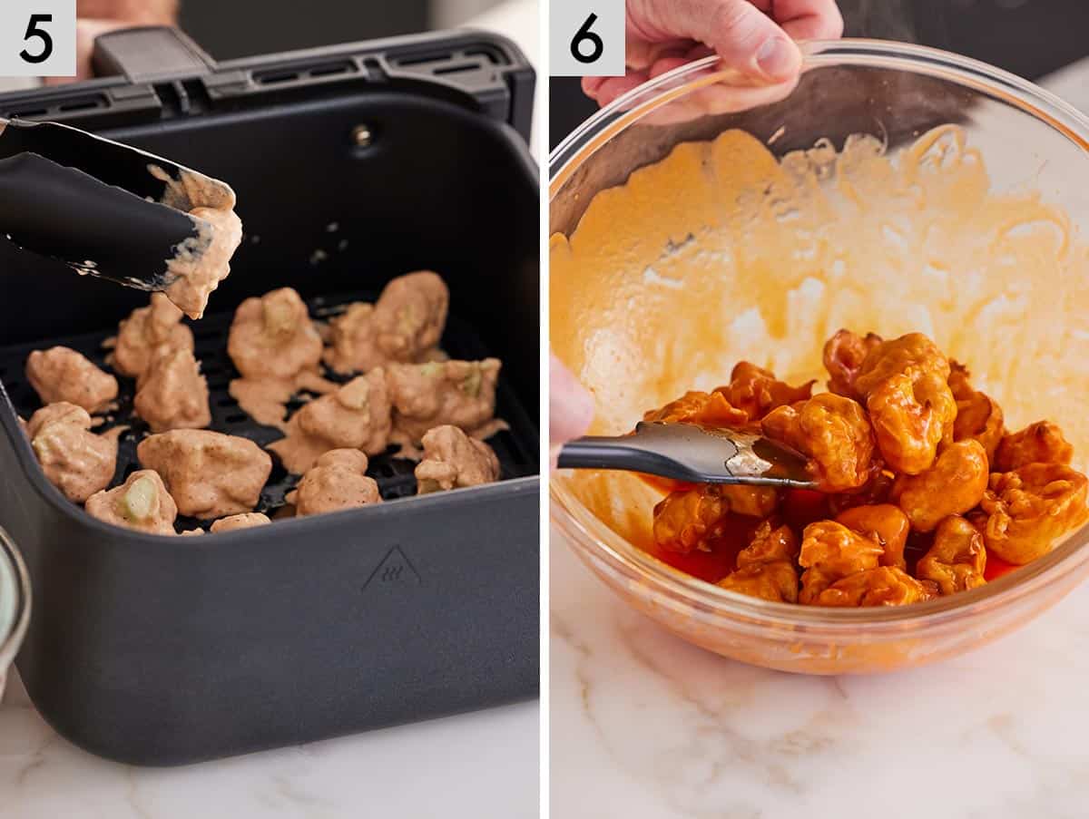 Set of two photos showing the coated cauliflower added to an air fryer basket then tossed in sauce afterwards.