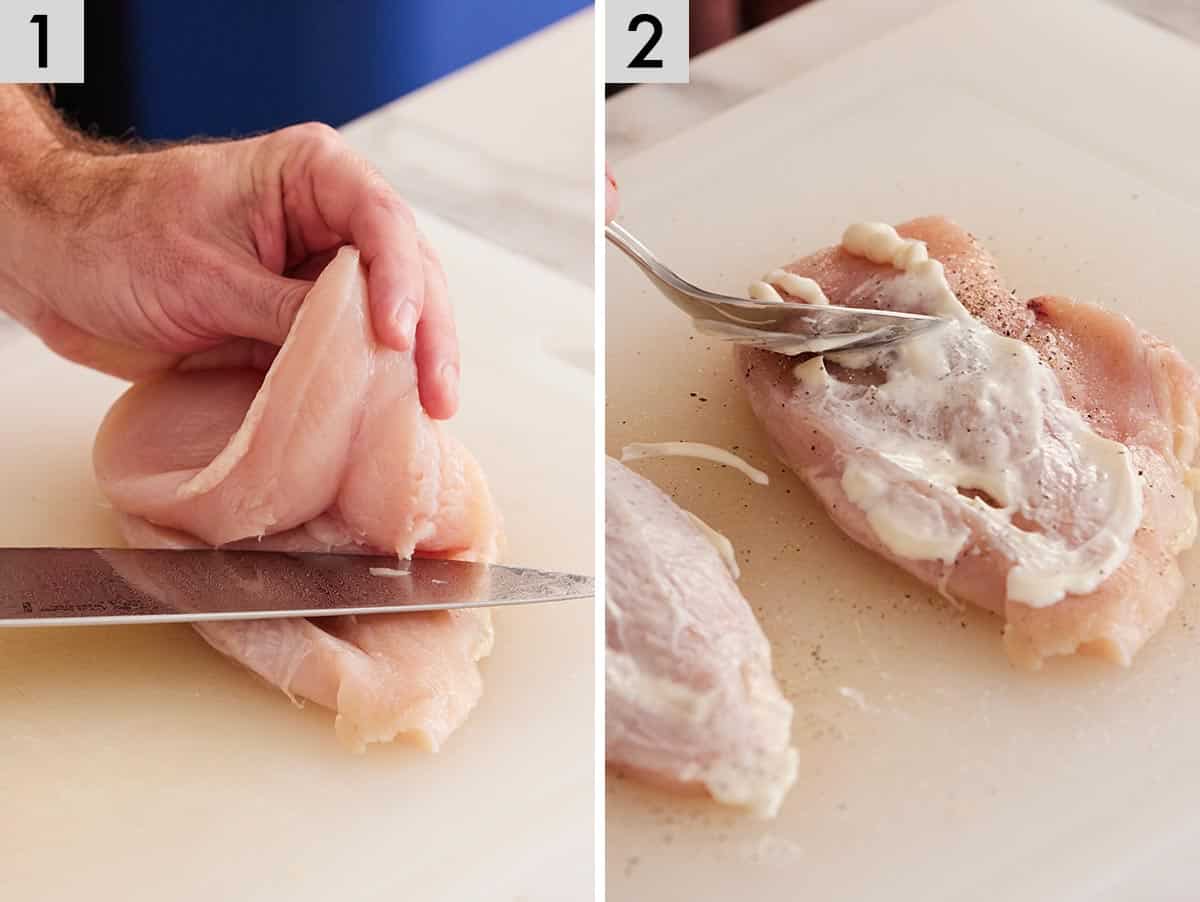 Set of two photos showing a chicken breast cut in half and mayo spread into the chicken.