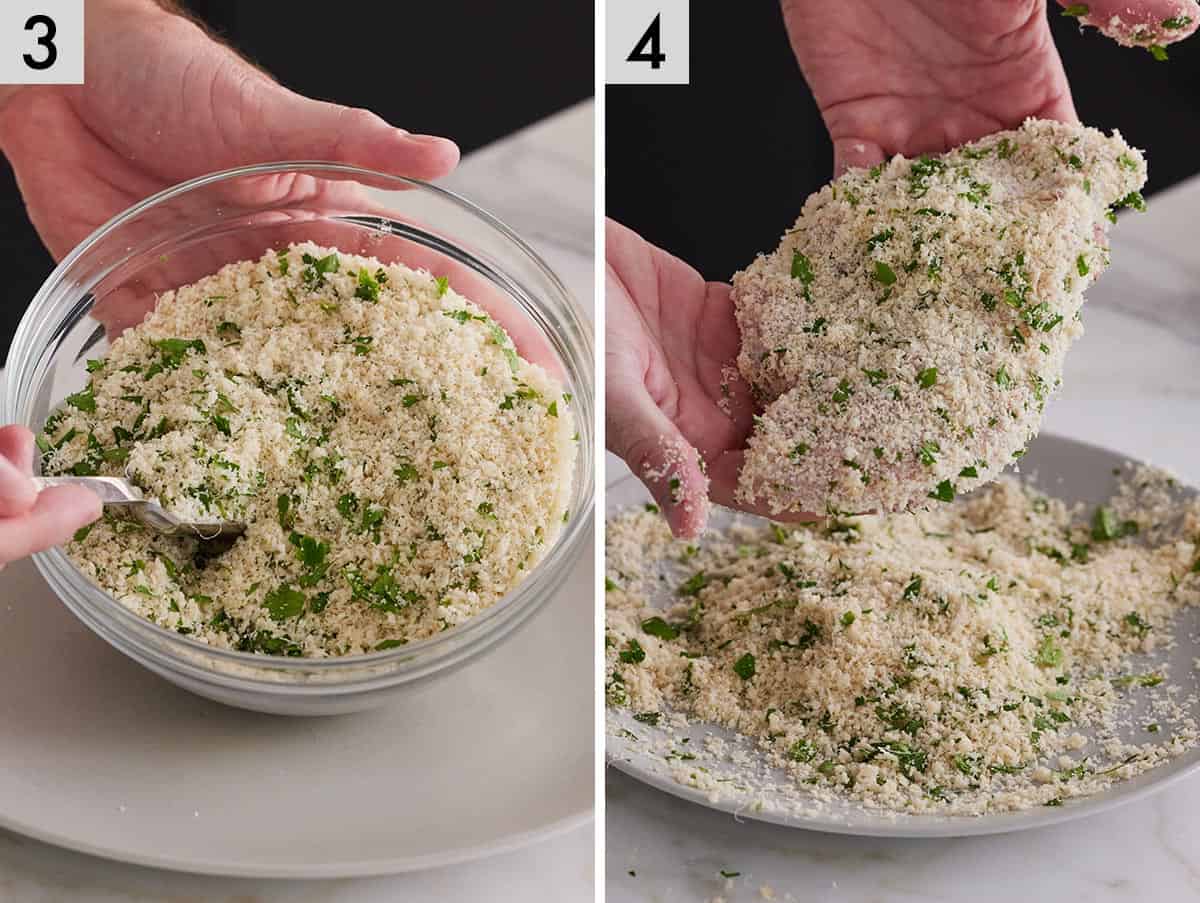 Set of two photos showing panko mixture mixed and the breast coated in it.