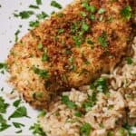 Pinterest graphic of an air fryer parmesan crusted chicken with a side of rice with chopped parsley.