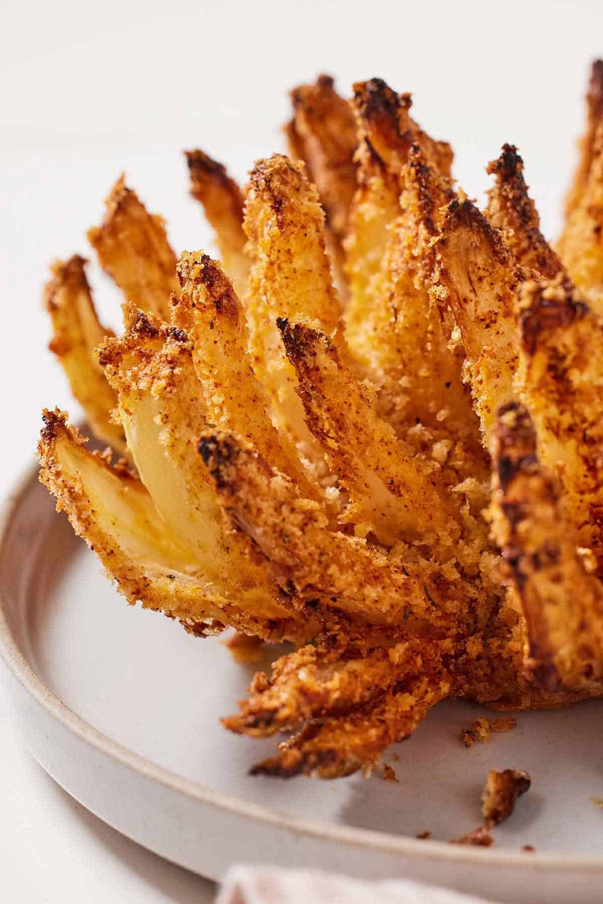 Close up of a air fryer blooming onion on a white plate.
