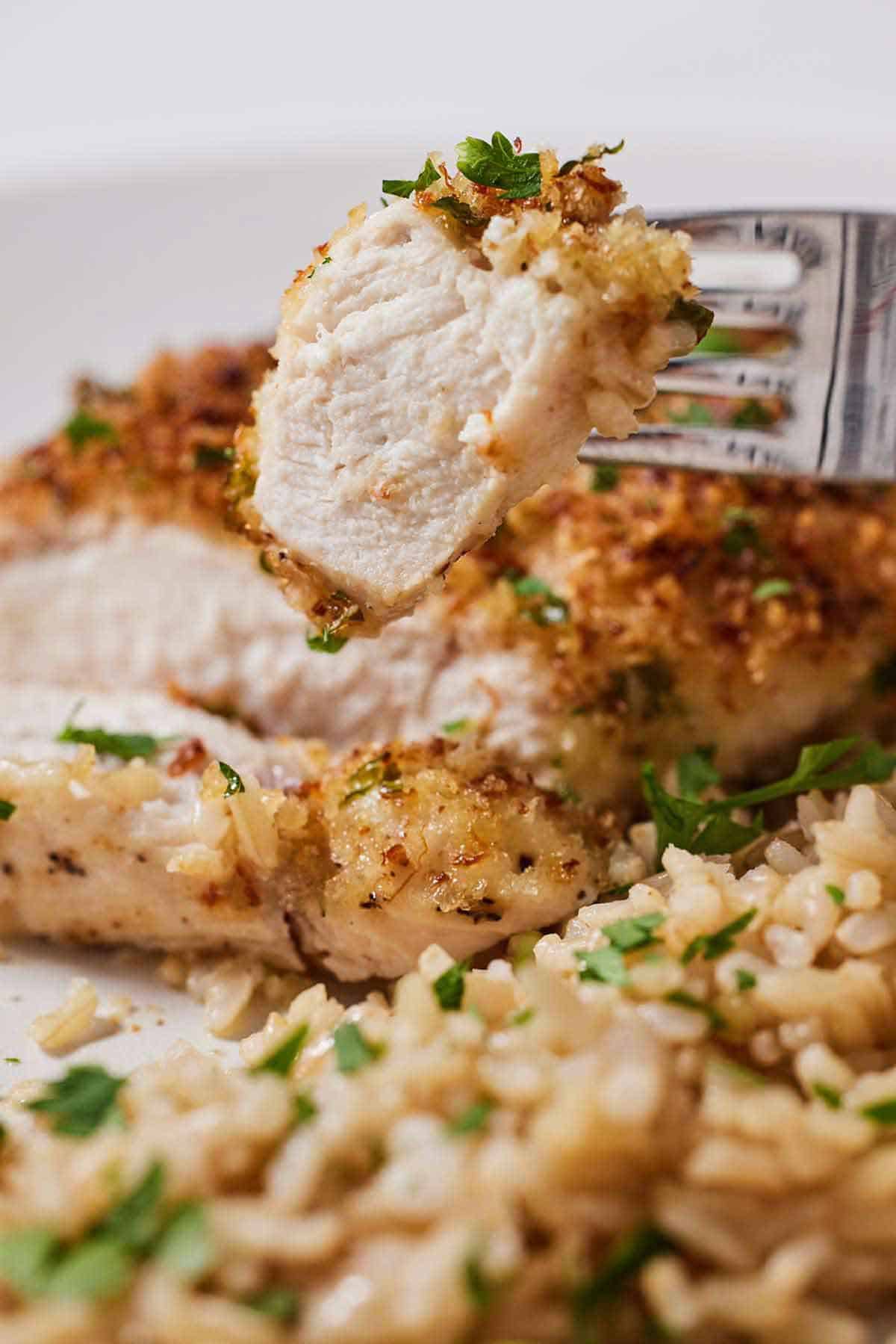 A fork with a piece of air fryer parmesan crusted chicken cut and lifted.