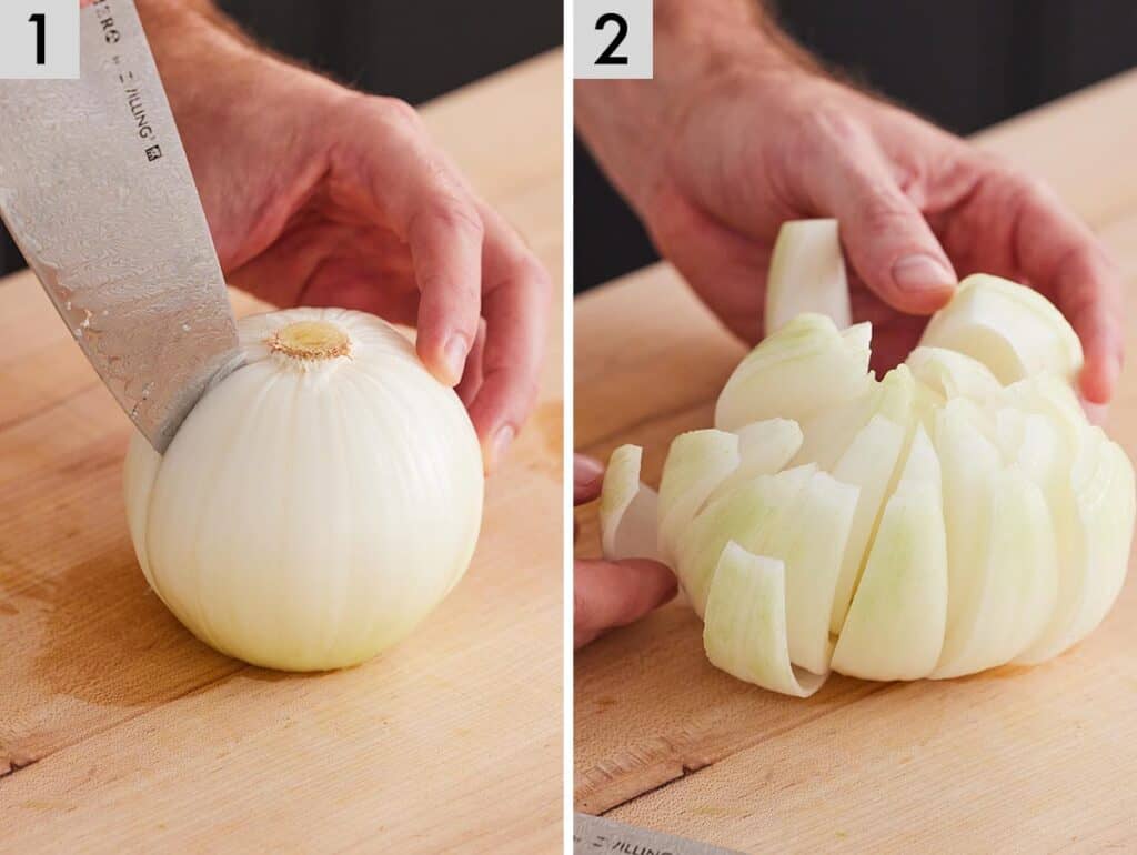 Set of two photos showing an onion cut.