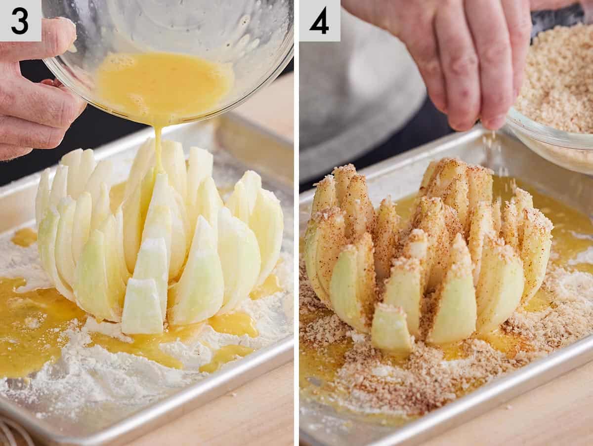 Set of two photos showing egg wash and panko crumbs sprinkled over the cut onion on a sheet pan.