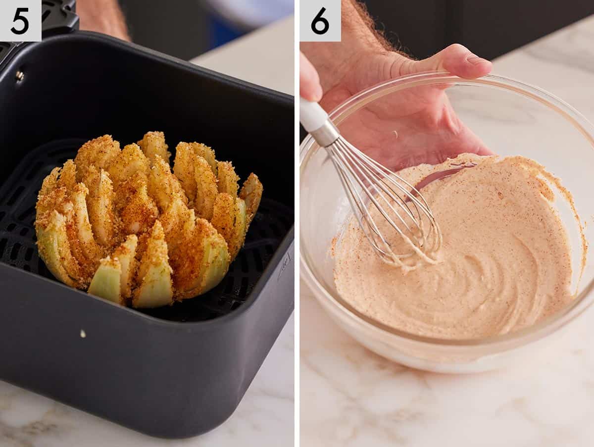 Set of two photos showing the prepared onion added to the air fryer basket and dipping sauce whisked together.