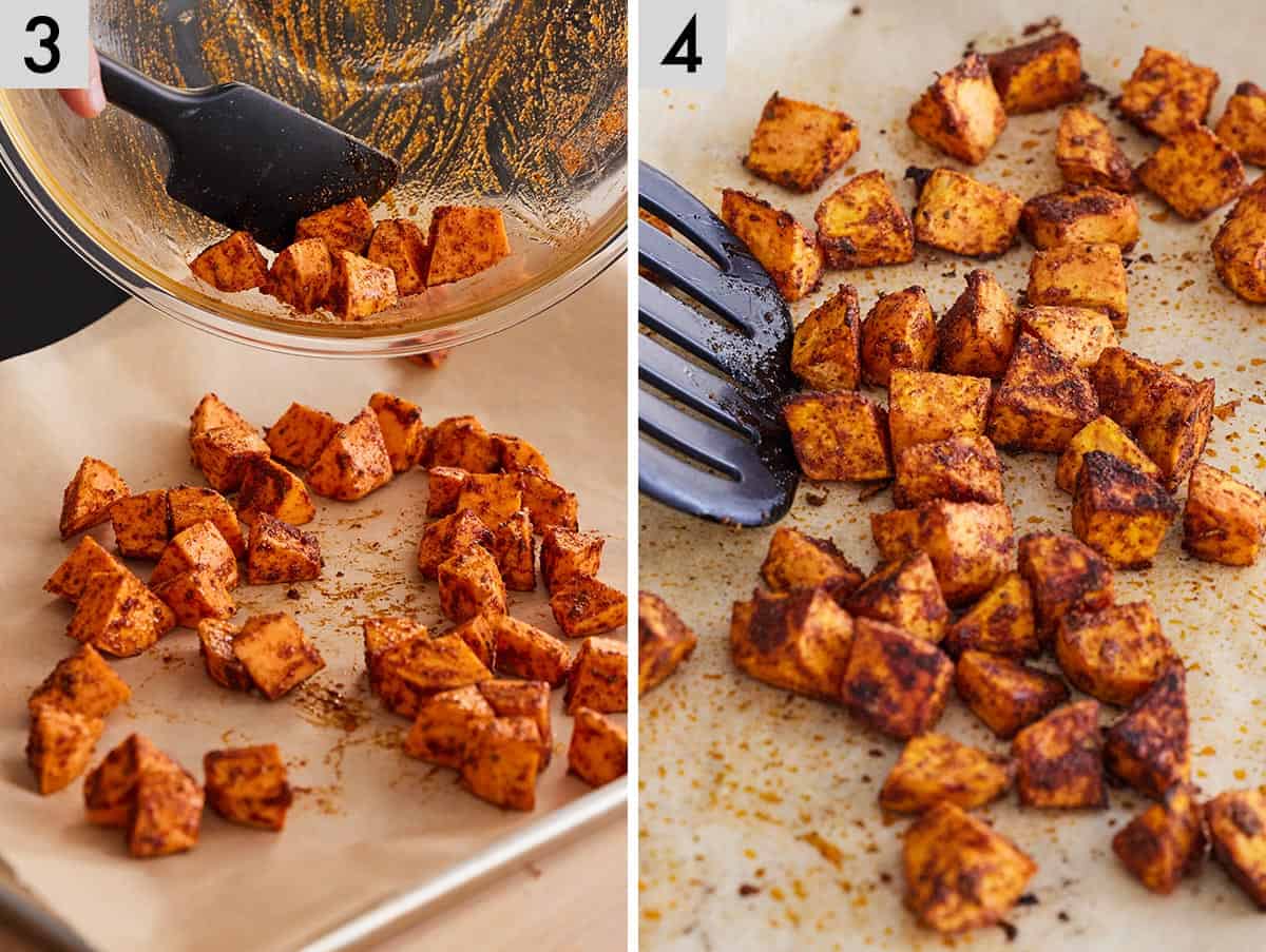 Set of two photos showing cubed sweet potatoes transferred to a lined sheet pan and then roasted and stirred.