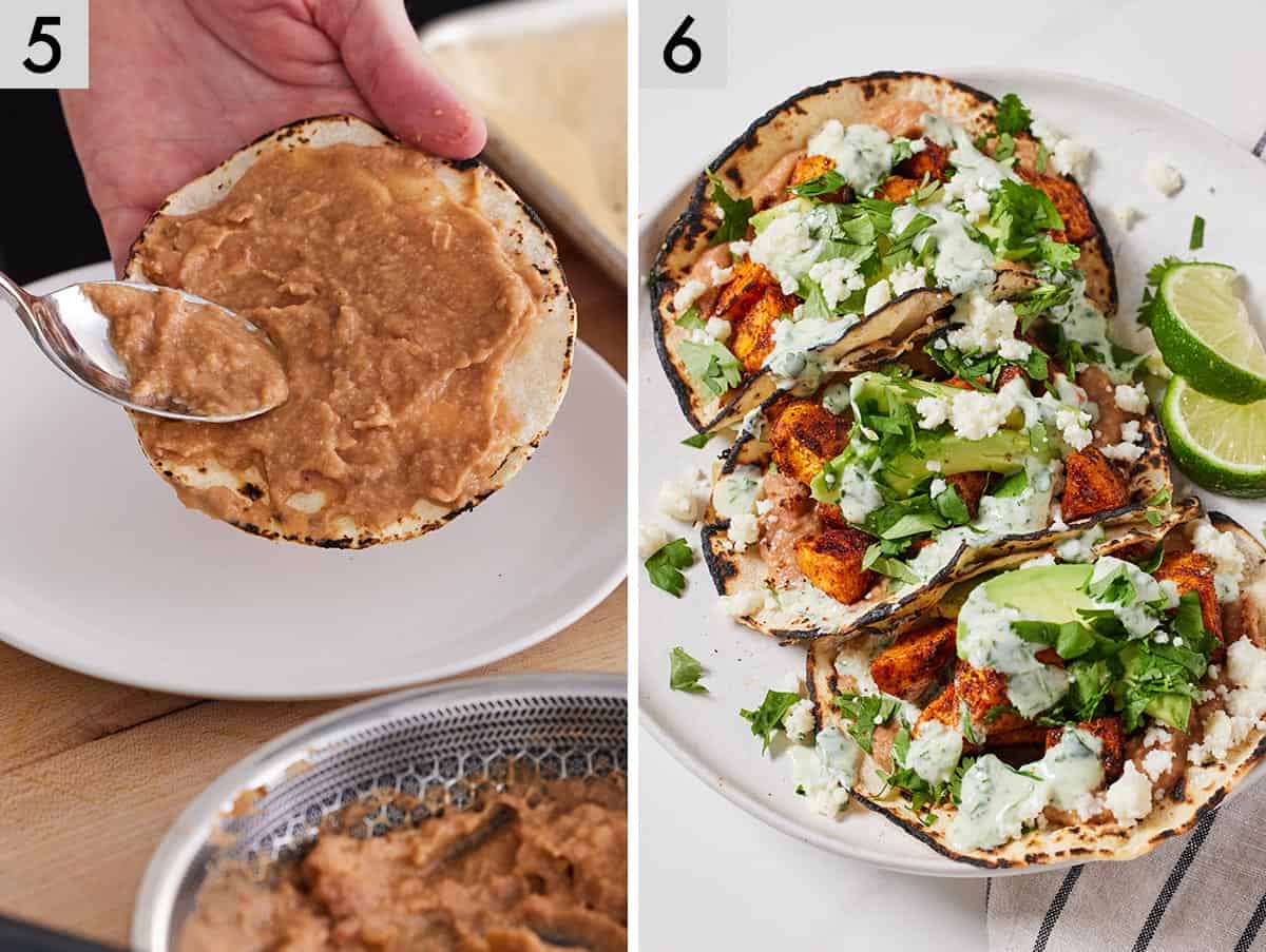 Set of two photos showing refried beans spread onto the tortilla and then the dish assembled.