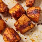 Pinterest graphic of cubed and baked sweet potatoes.