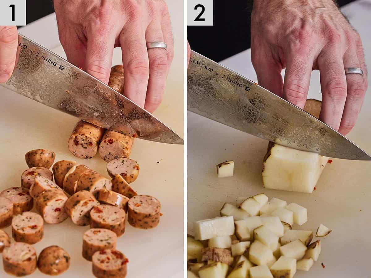 Set of two photos showing the meat sliced and potatoes diced.