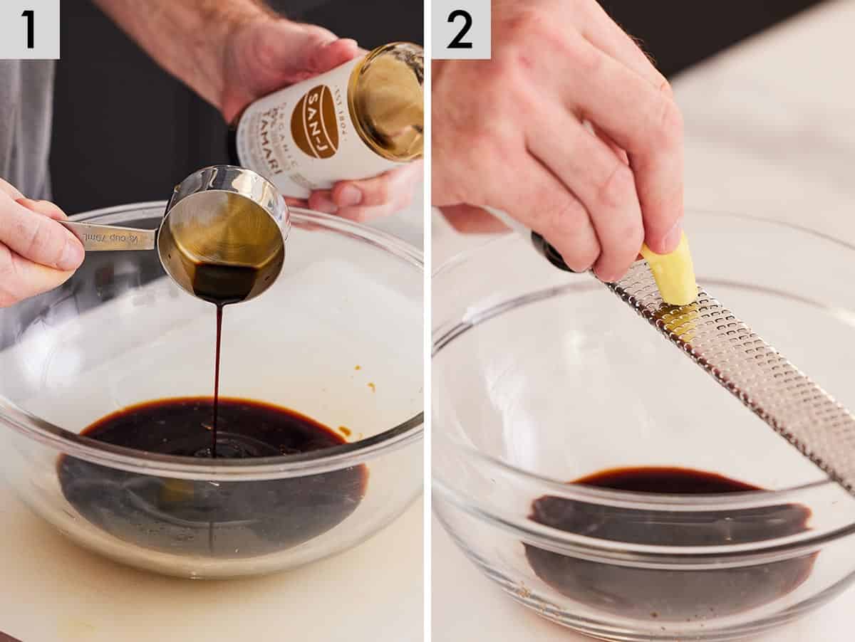 Set of two photos showing soy sauce poured into a bowl and ginger grated into it.