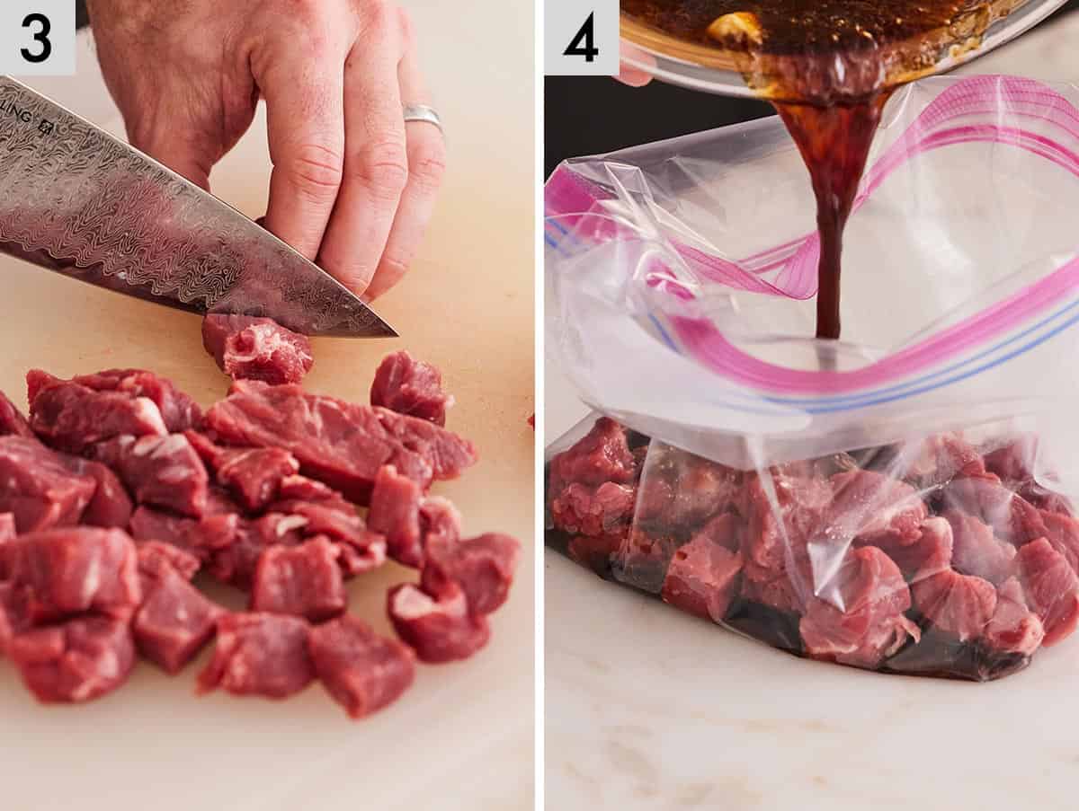 Set of two photos showing meat cut into bite-sized pieces and combined with the marinade.