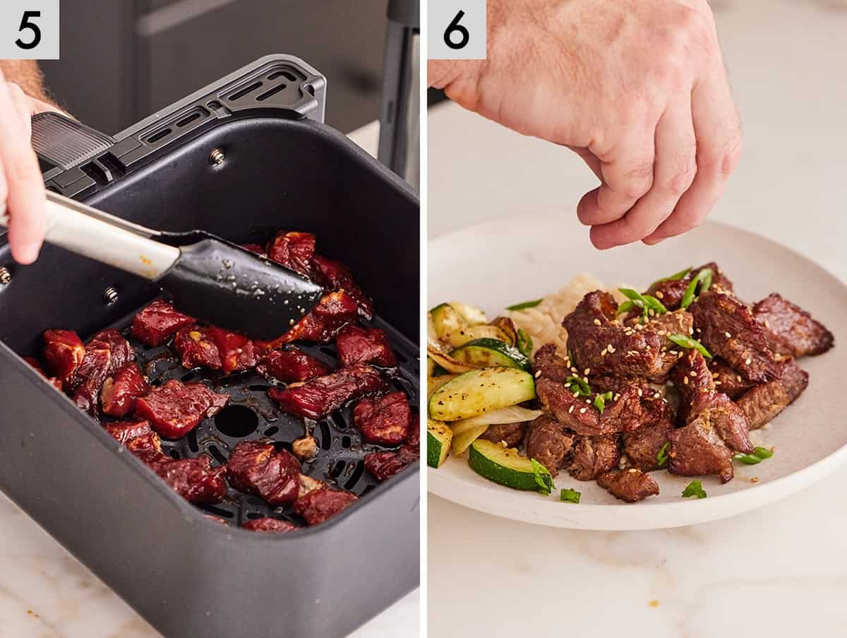 Set of two photos showing marinaded steak transferred to the air fryer basket then garnished with sesame seeds.