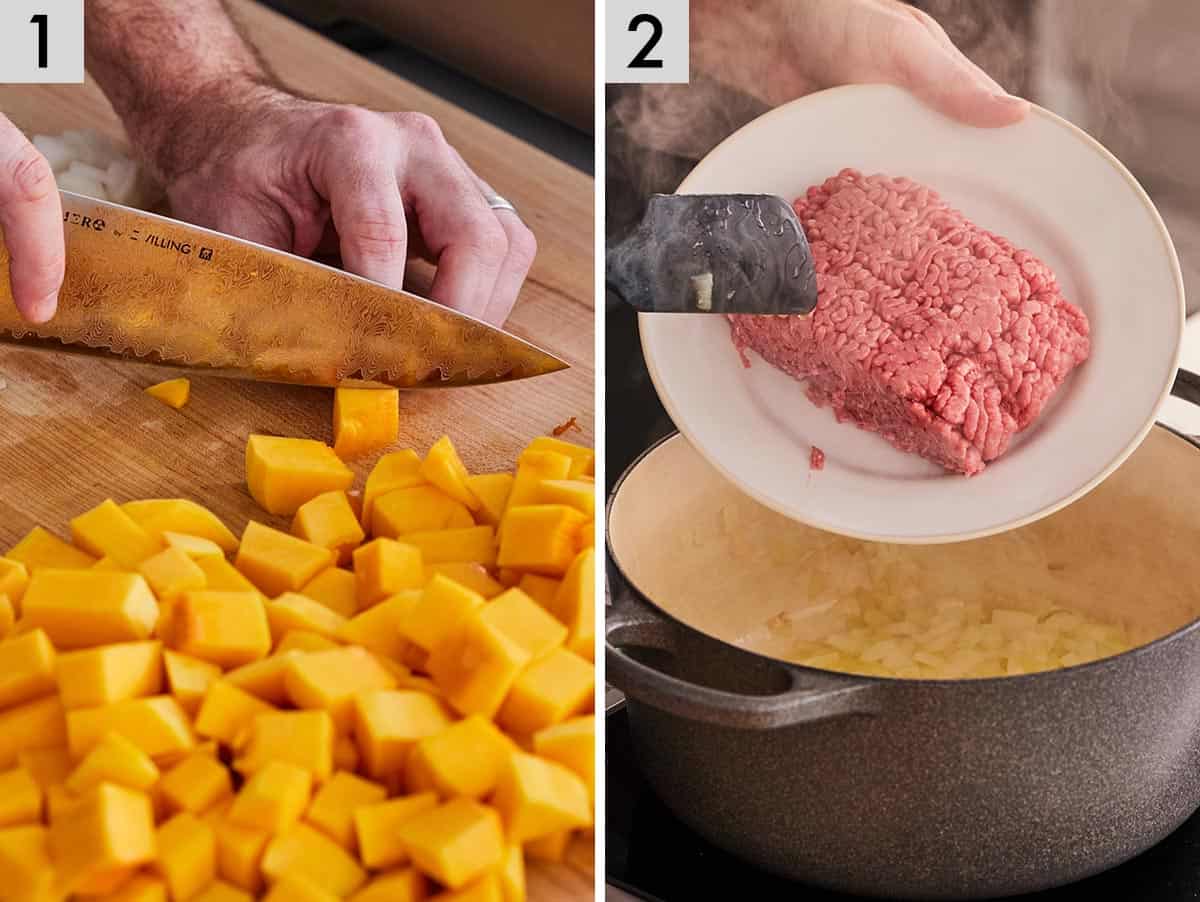Set of two photos showing squash diced and meat added to a pot.