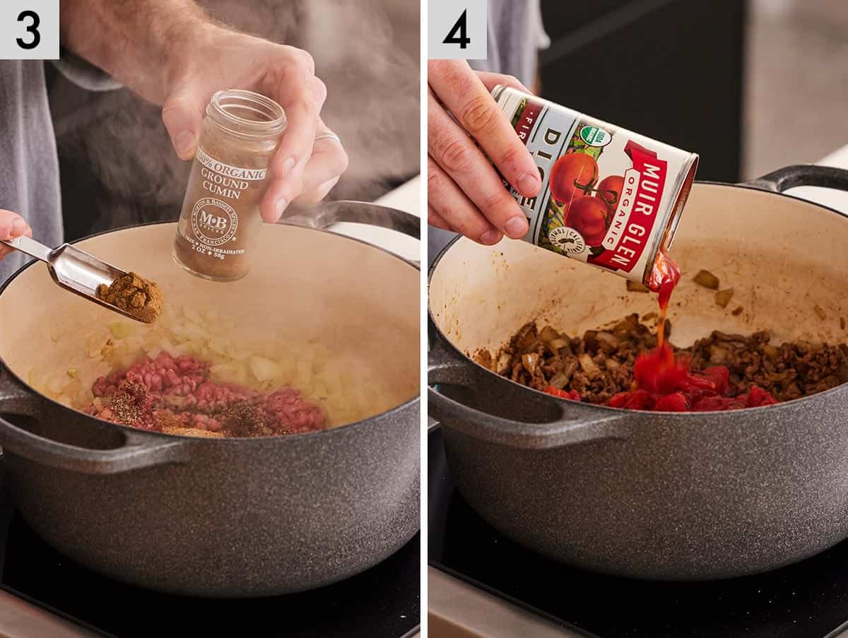 Set of two photos showing cumin and diced tomatoes added to a pot.