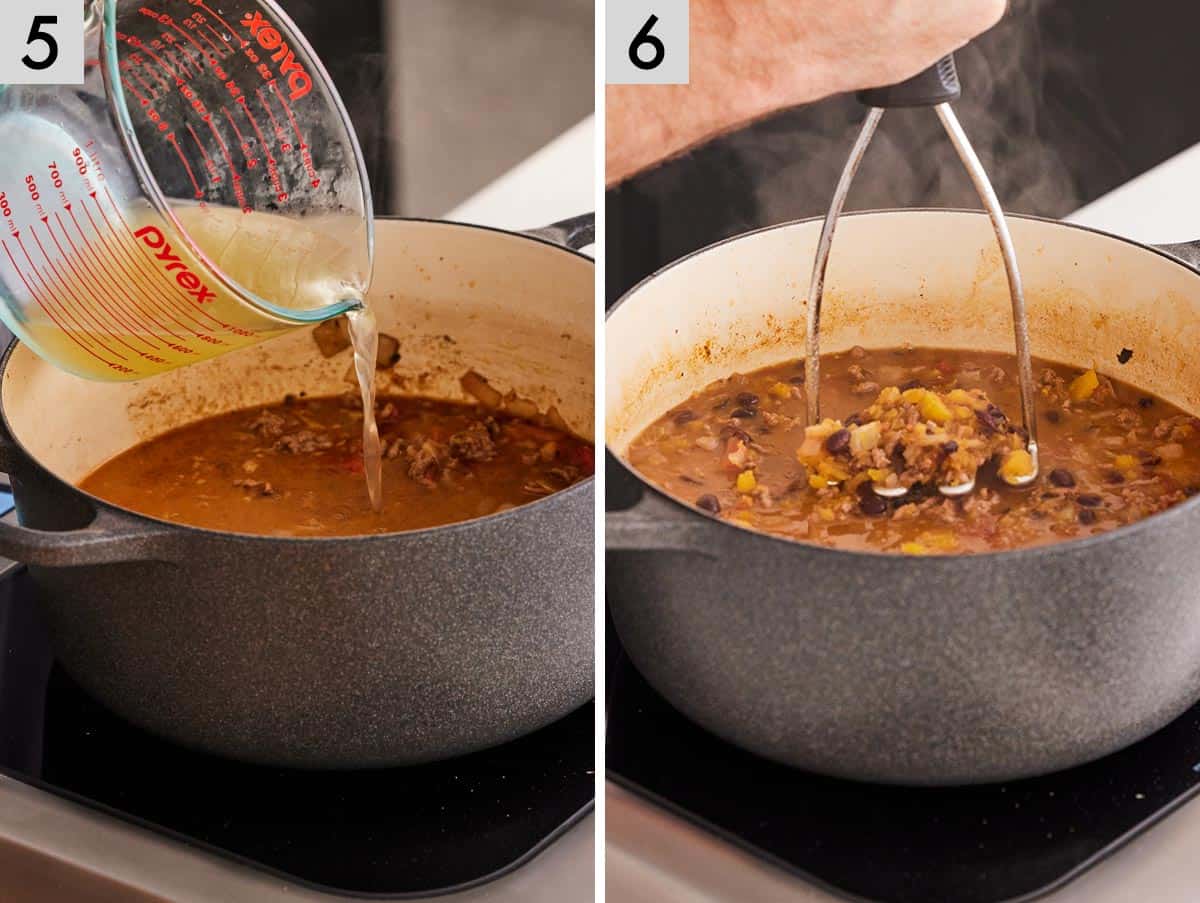 Set of two photos showing broth added to the pot and ingredients mashed.