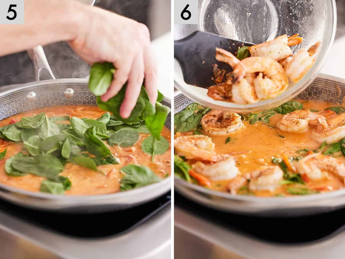 Set of two photos showing spinach and shrimp added to the skillet.