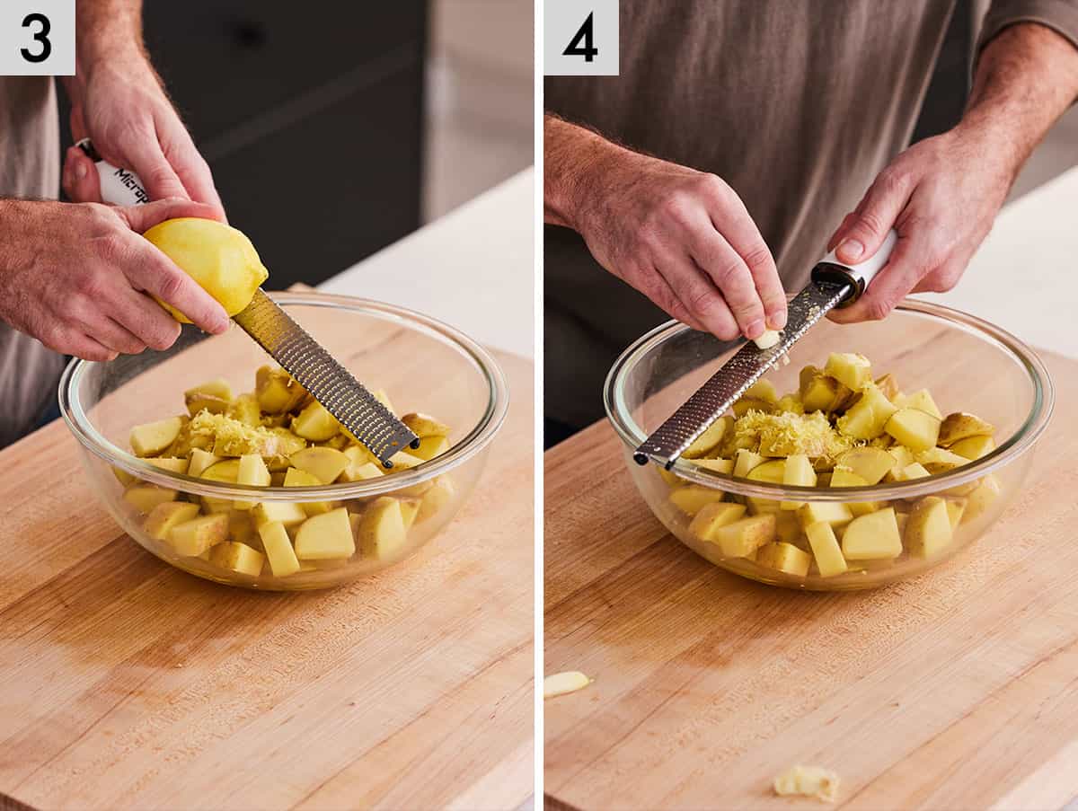 Set of two photos showing lemon zest and garlic added to a bowl.