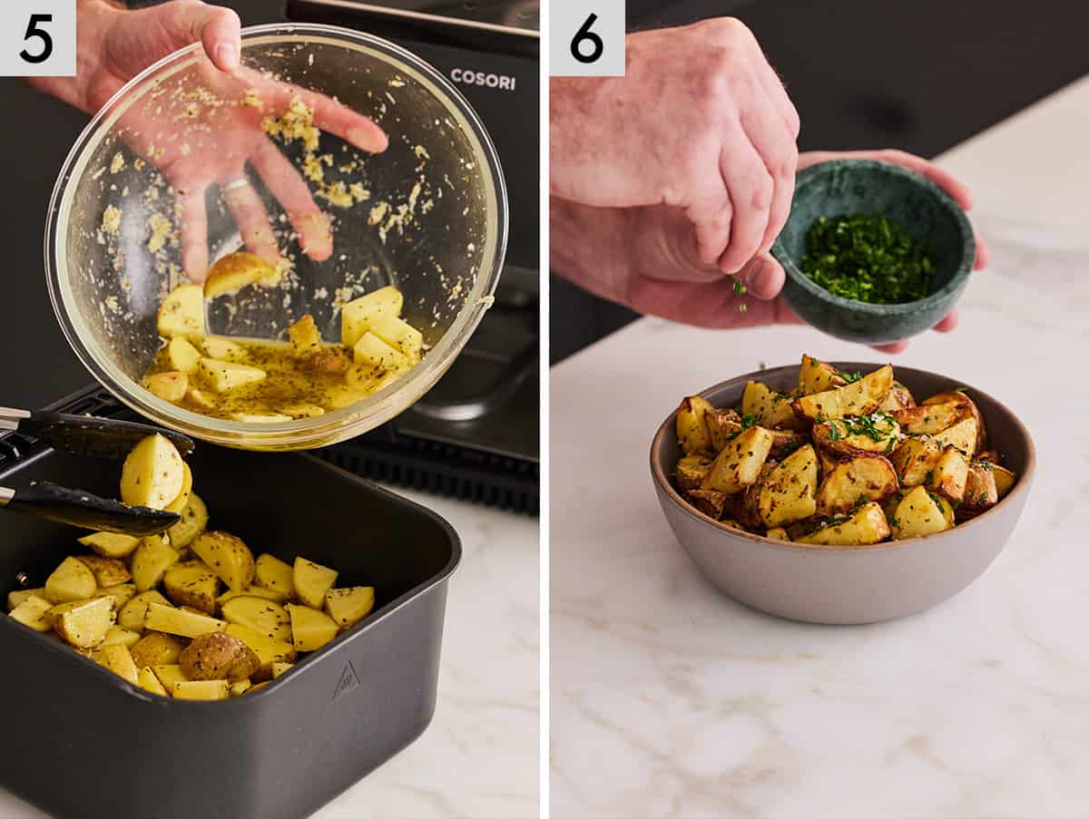 Set of two photos showing the seasoned potatoes poured from the bowl to the air fryer to cook then topped with parsley.