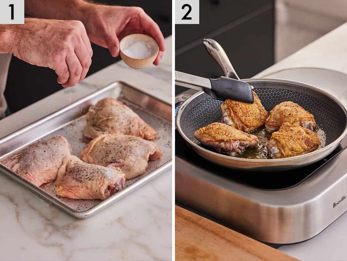 Set of two photos showing skin-on chicken thighs seasoned with salt and pepper and cooked in a skillet.