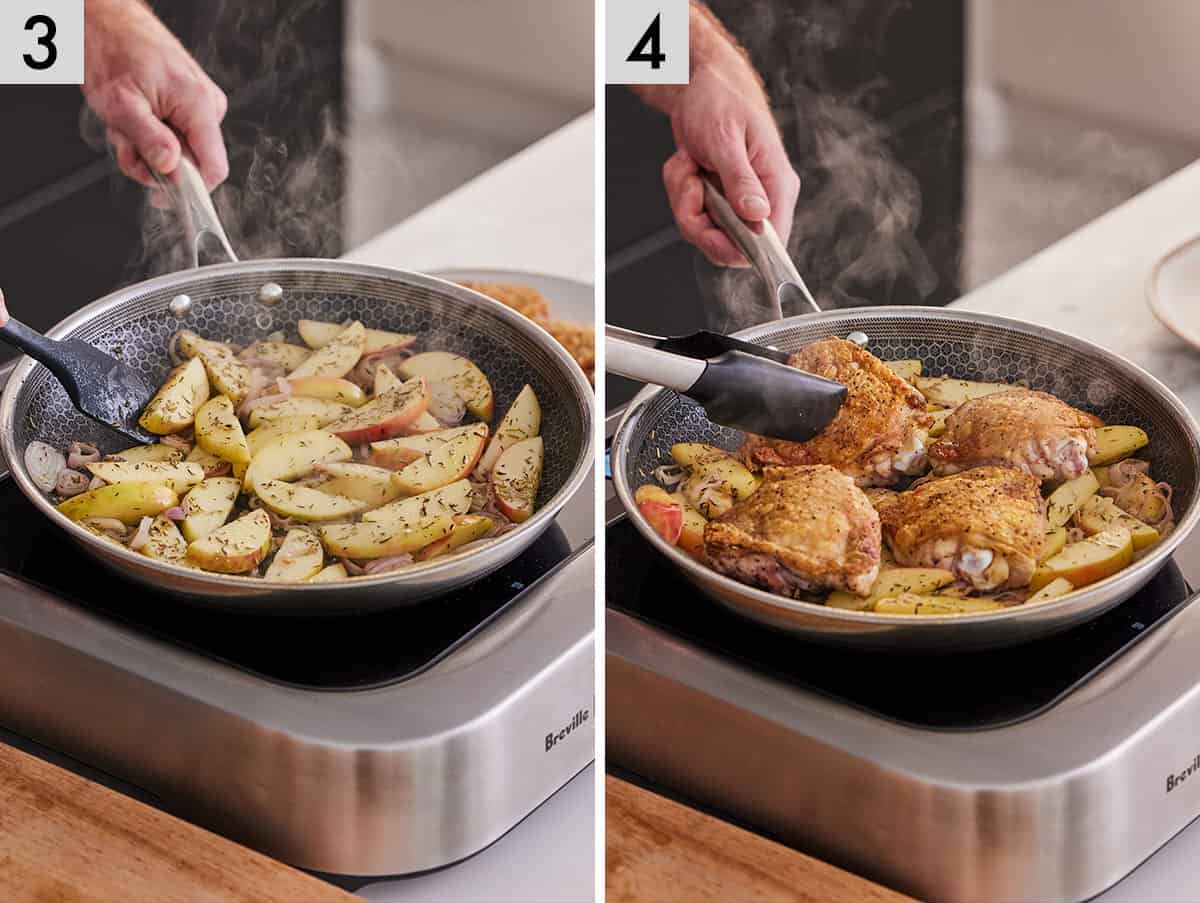 Set of two photos showing seasoned apples cooked in a skillet and chicken added back on top.