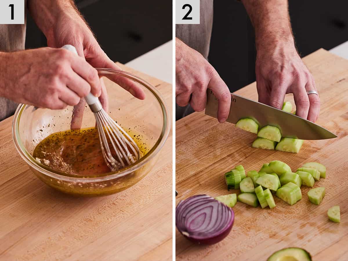 Set of two photos showing dressing whisked together and cucumbers sliced.