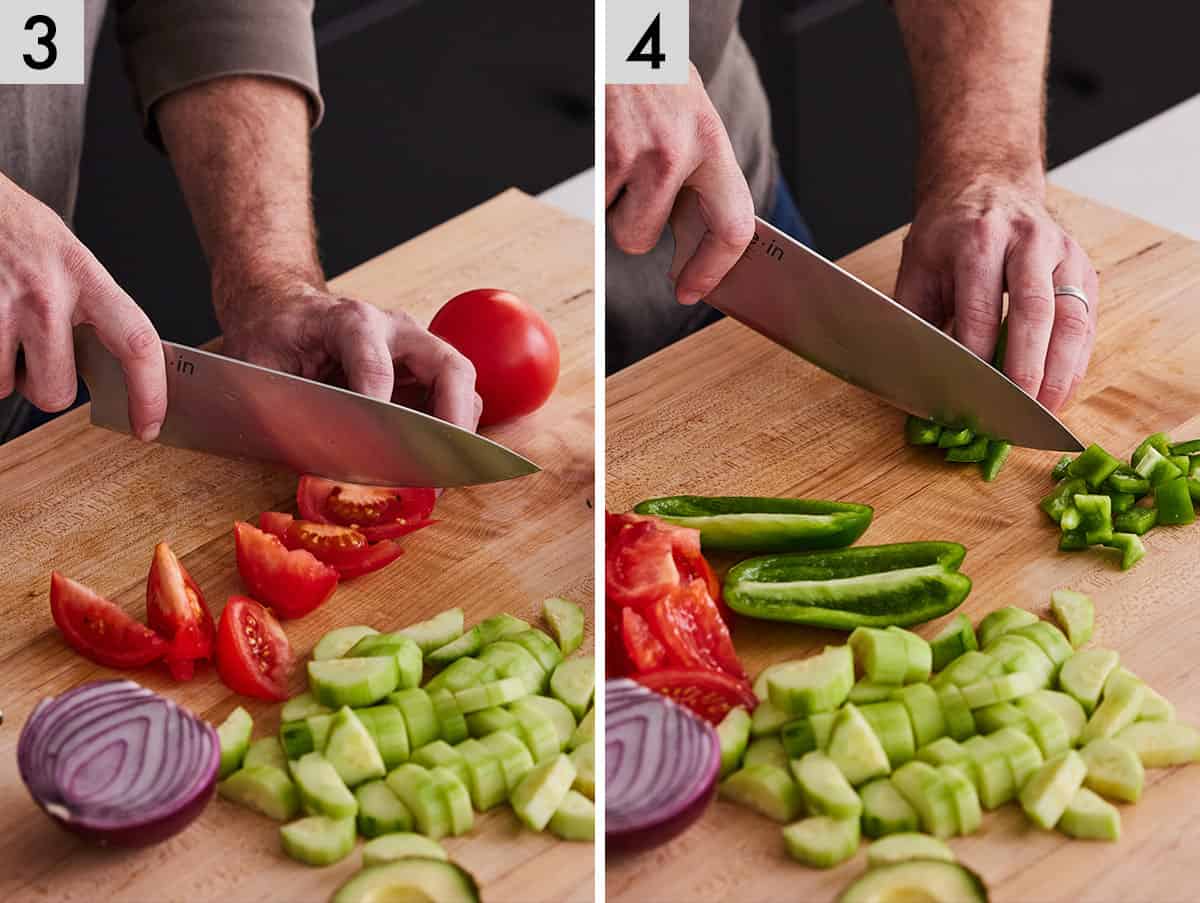Set of two photos showing tomatoes and green pepper sliced and diced.