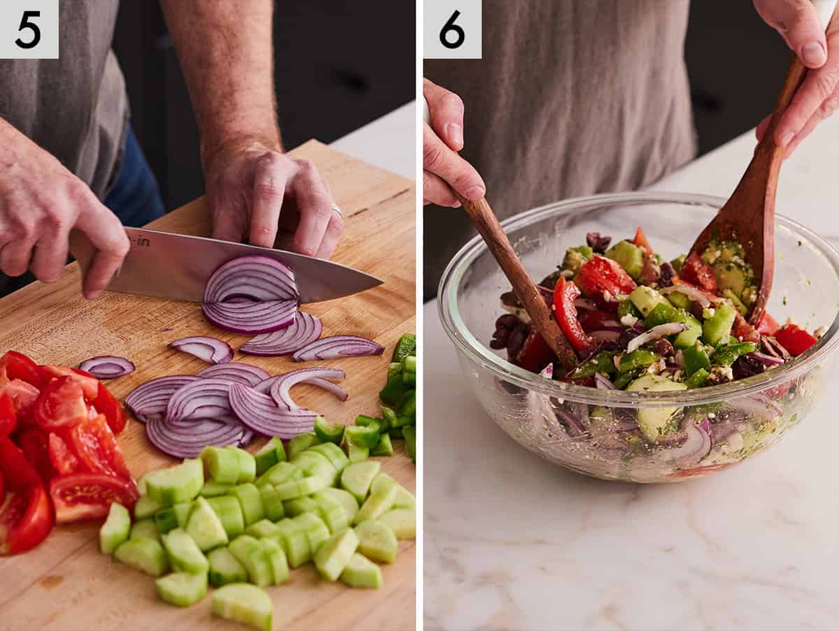 Set of two photos showing red onions sliced and salad tossed.
