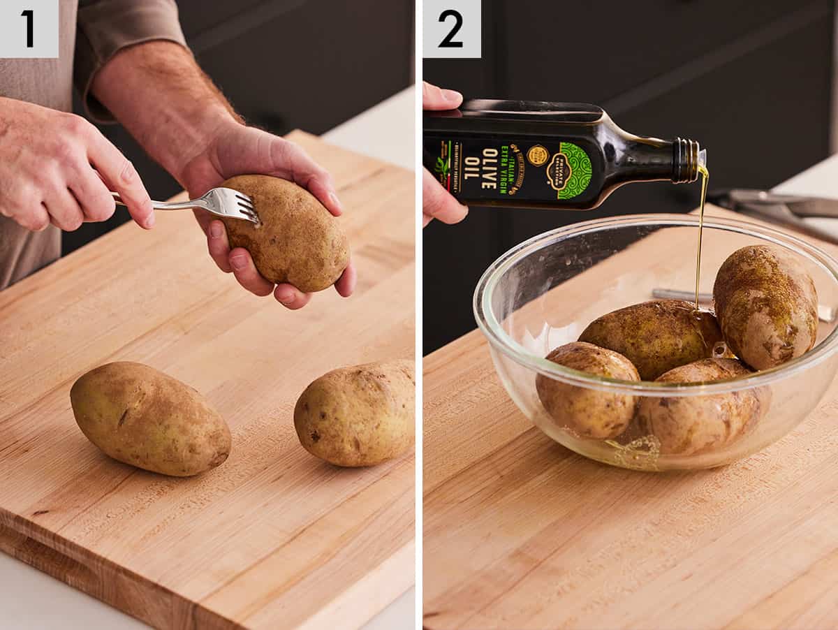 Set of two photos showing a potato being pricked by a fork and oiled in a bowl.