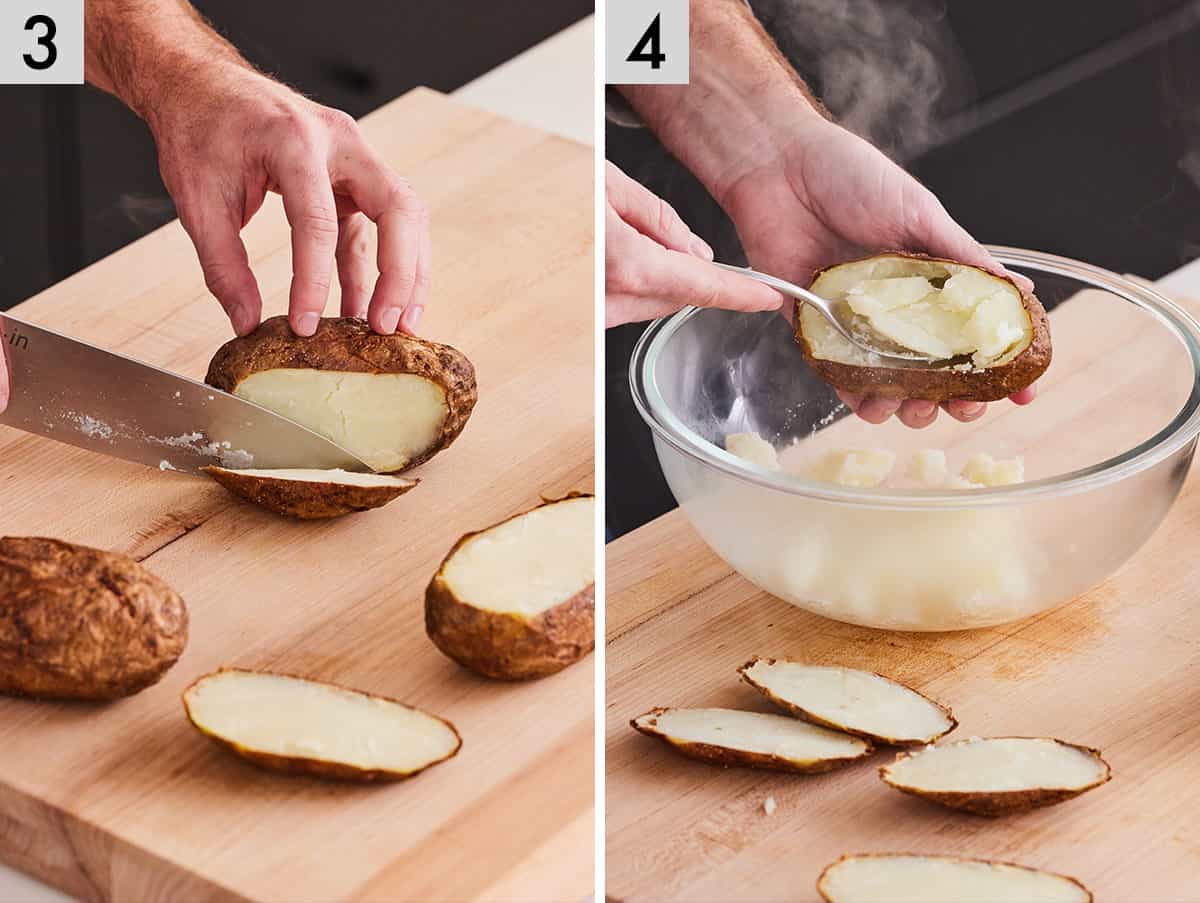 Set of two photos showing a potato being sliced and then the middle scooped out.