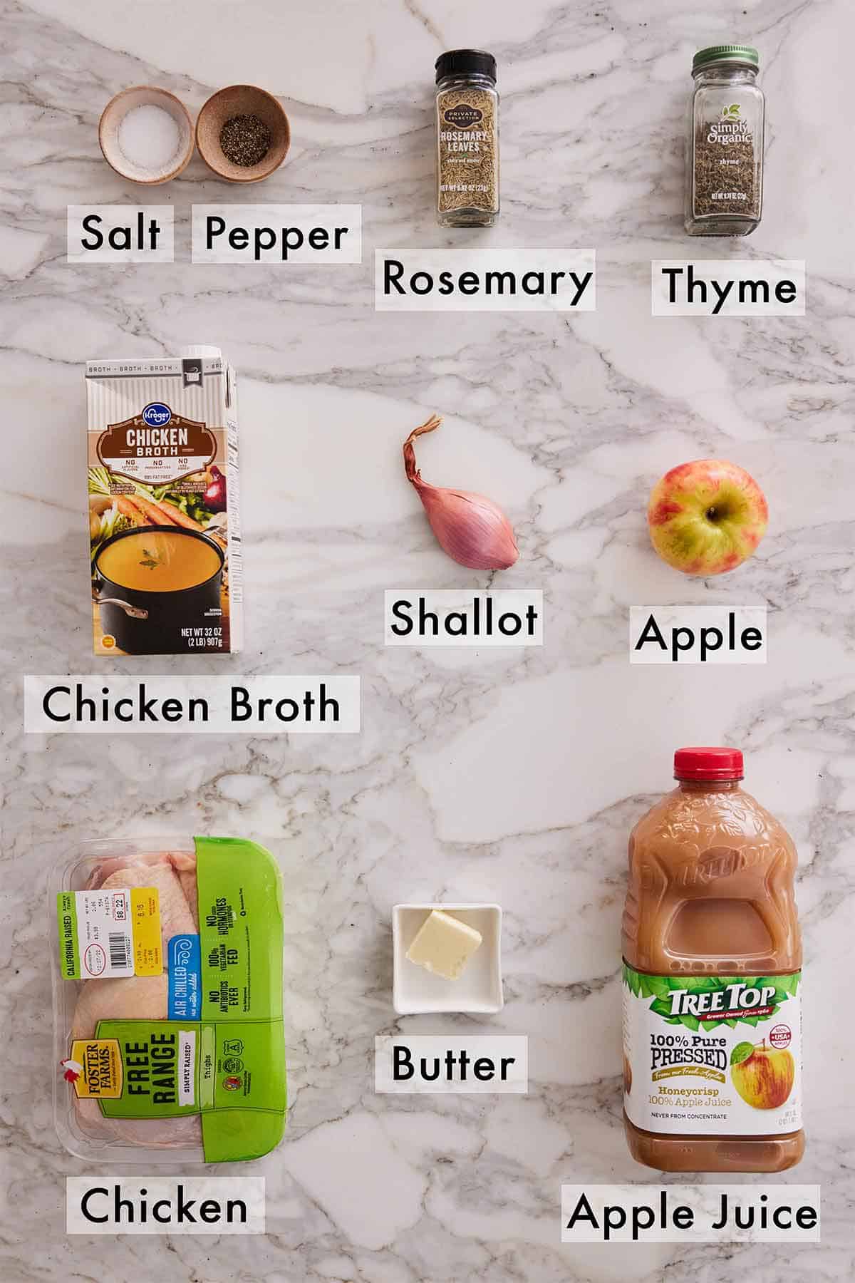 Ingredients needed to make apple cider chicken.